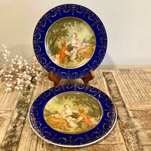 Pair Vintage Reproduction Blue & Gold Decorative Plates Wall Hanging French Art